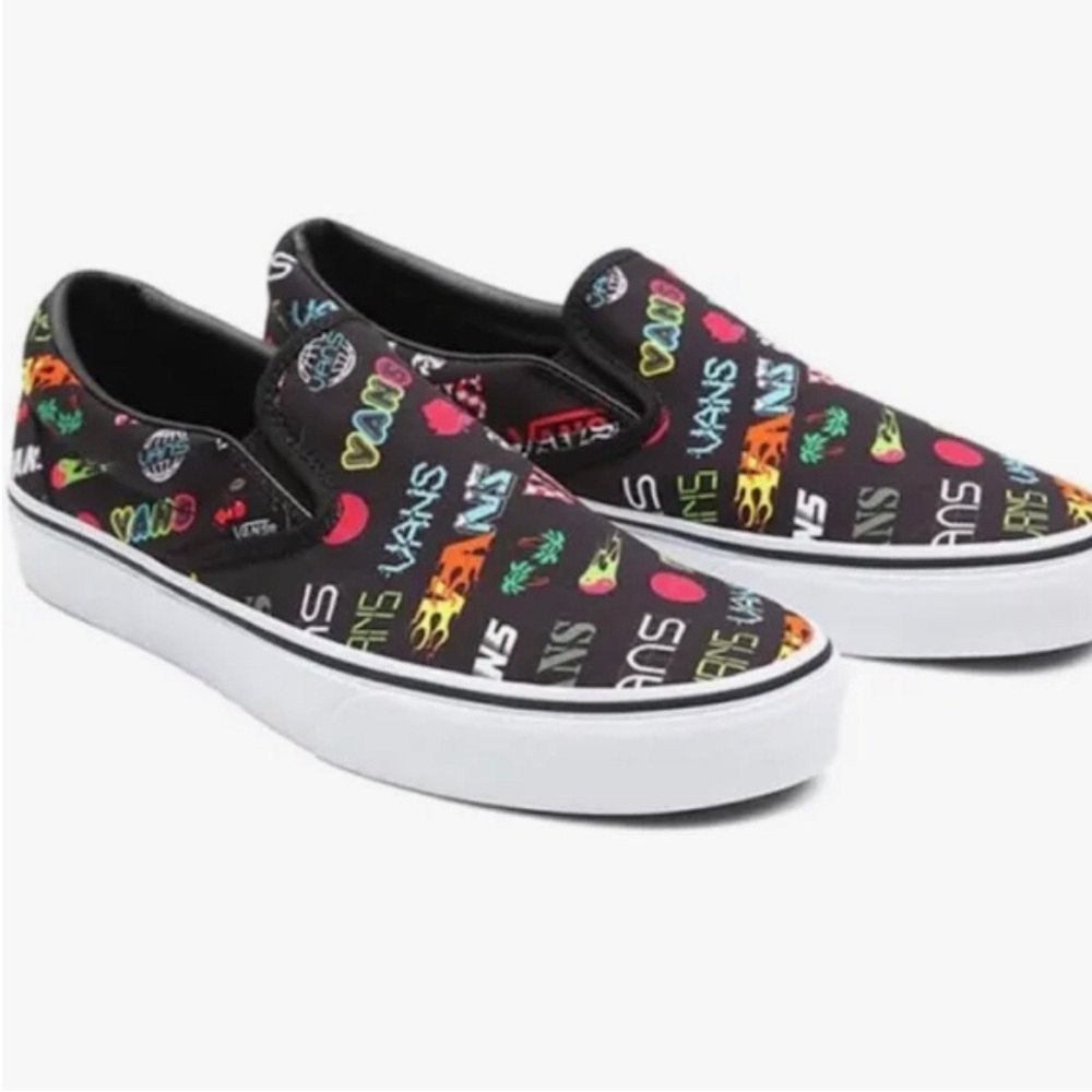 Vans Black Slip-On Sneakers with Colorful Logos